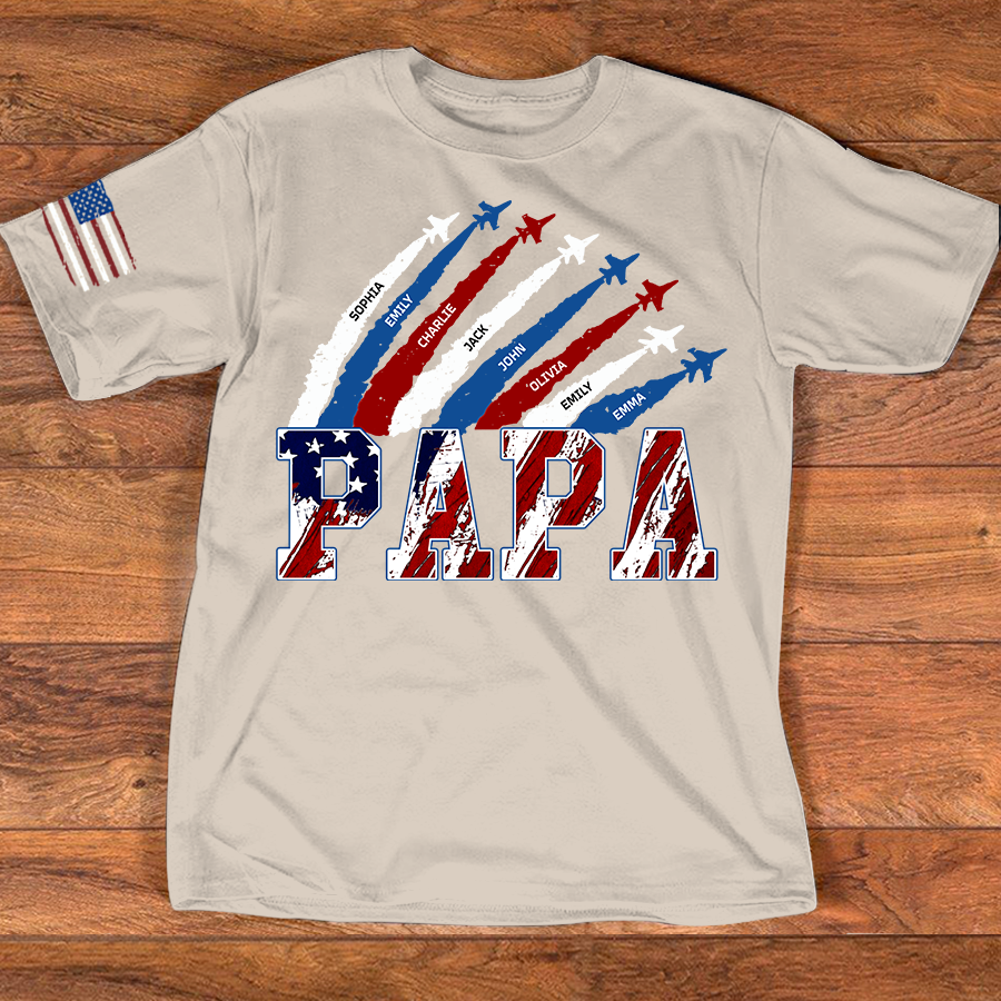 Personalized Papa Airplane Shirt, Custom Kids Names Patriotic T Shirt for Papa, 4th of July American Flag Family Gift