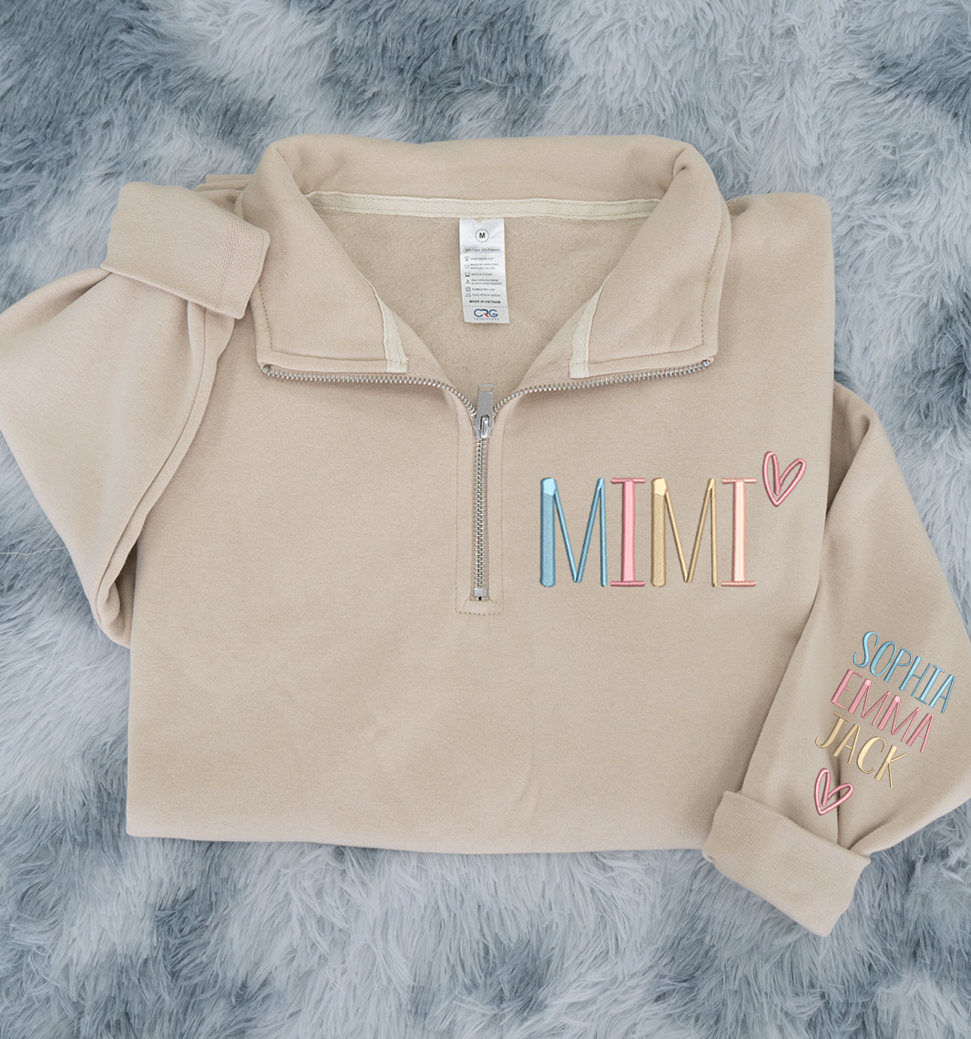 Mimi color Heart Sweatshirt, Personalized Mimi Embroidered Quarter Zip Sweater