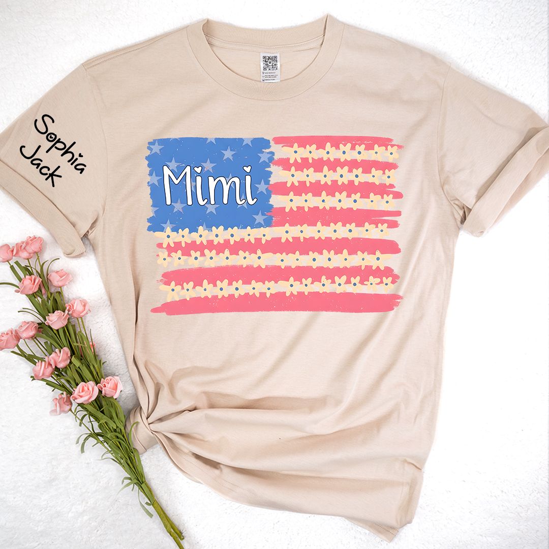 Personalized Mimi Flag Flower American T-shirt , Personalized Mimi Gigi Grandma Nana Shirt for 4th of July, Mother's Day, Birthday Gift, Custom Family Names