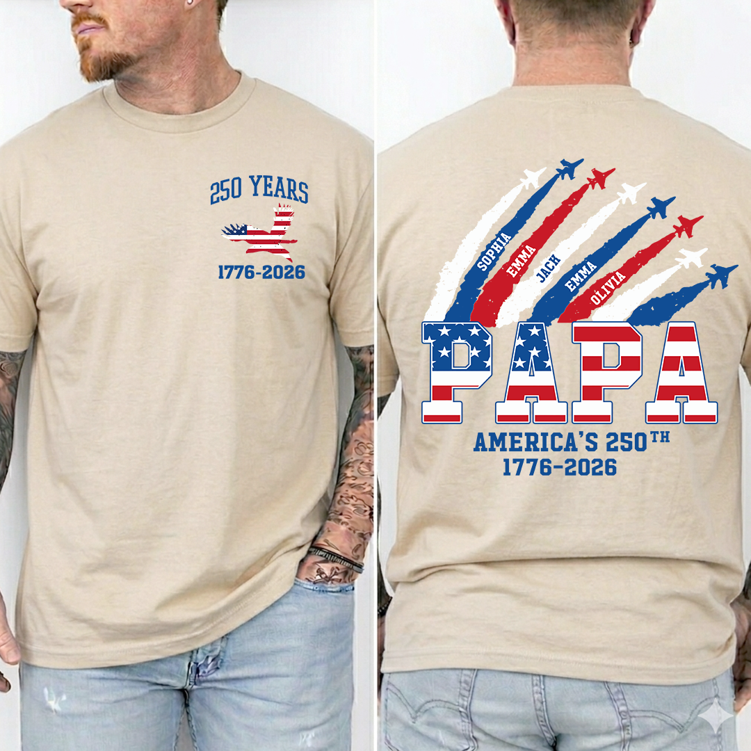 Personalized Papa 250 Years Shirt, Custom Kids Names Airplane Shirt, Patriotic American Flag Papa Tee, Grandpa Fathers Day Shirt, 4th of July Family Gift 1776 2026