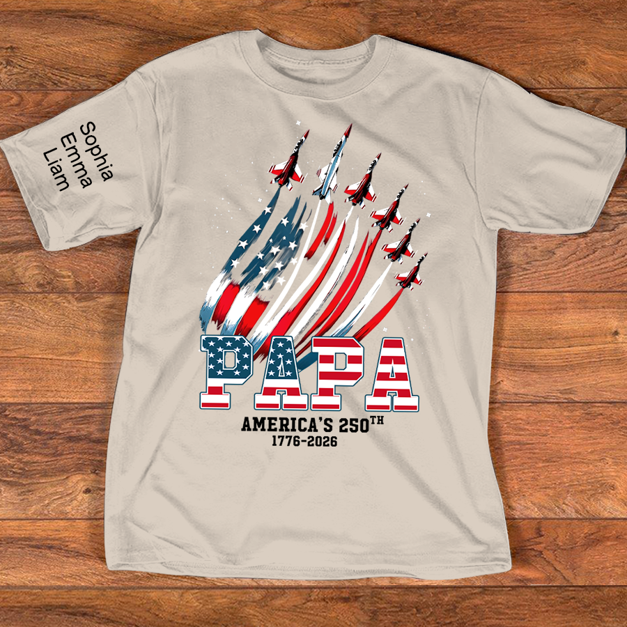 Personalized Papa Patriotic American Flag Shirt with Kids Names, Custom Family Nickname T-Shirt for Dad Fathers Day 4th of July America’s 250th 1776-2026