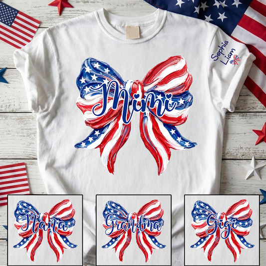 Personalized Mimi Patriotic Bow Shirt, Custom Grandma Tee with Kids Names, Fourth of July Gift for Nana Gigi Women