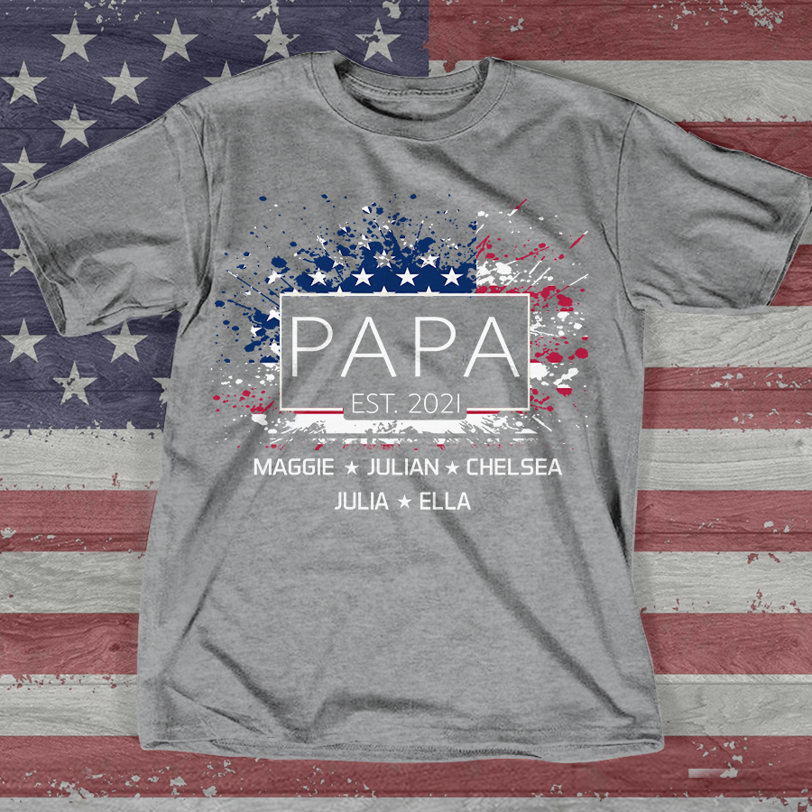 Personalized Papa Est T-shirt, Custom Papa with Grandkids US Flag American Independence Day T-Shirt, Custom Father's Day Shirt