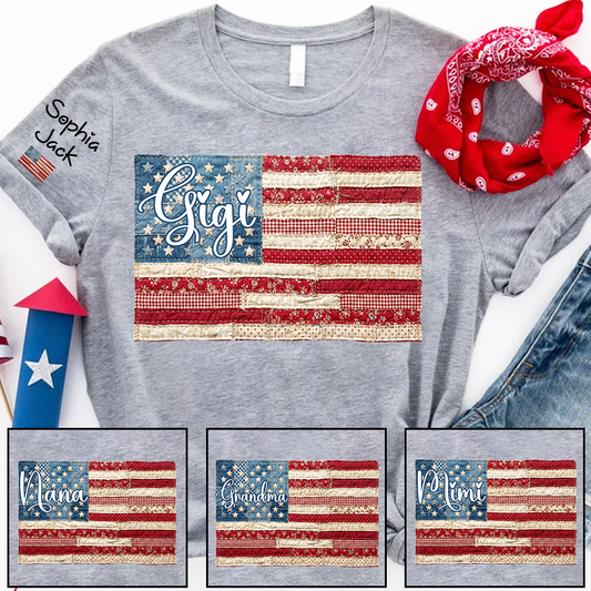Personalized Gigi Patriotic Patchwork Flag Shirt with Custom Kids Names on Sleeve, Vintage Grandma Family Shirt for Women, 4th of July Birthday Shirt