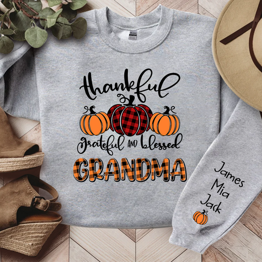 Personalized Thankful Grateful Blessed Grandma Fall Autumn Sweatshirt