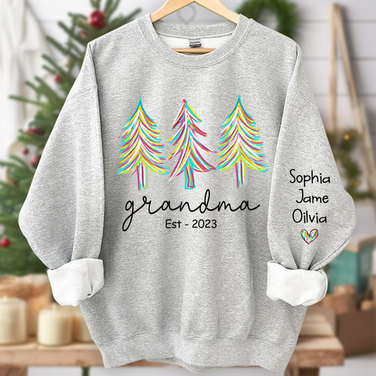 Grandma Est Christmas trees color paint And Grandkids Names Sweatshirt
