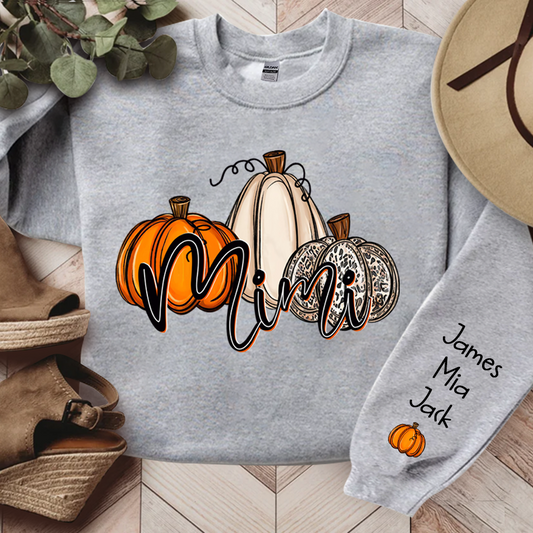 Personalized Mimi Sweatshirt With Grandkid Names On Sleeve, Custom Grandma Mimi Nana Pumpkins Autumn Sweatshirt
