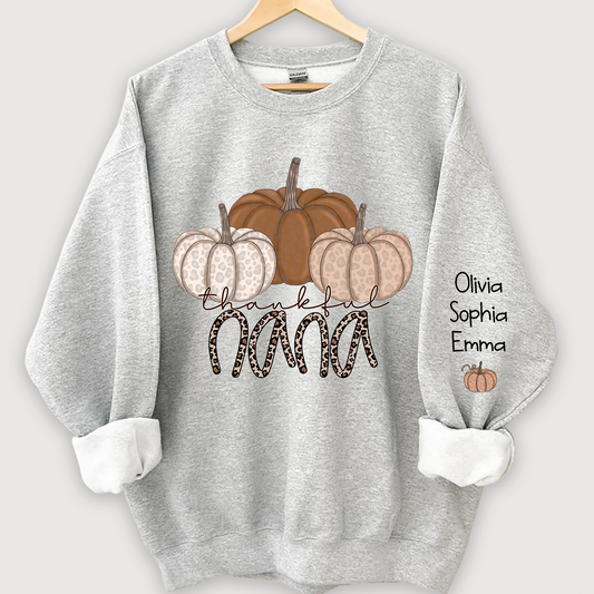 Thankful Nana Pumpkin Leopard and Grandkids on sleeve Sweatshirt