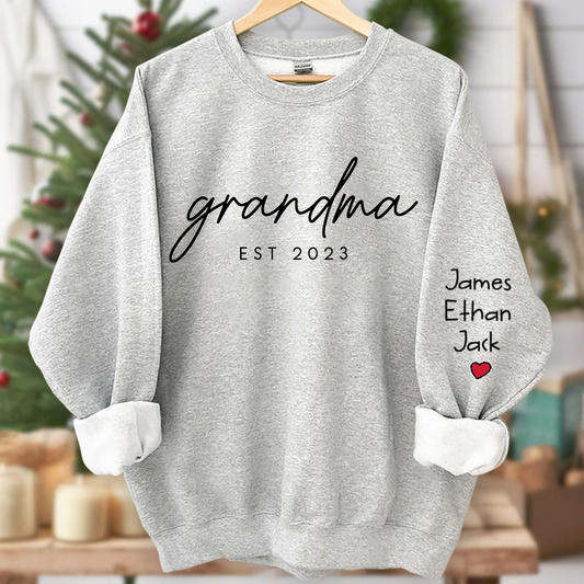 Personalized Grandma Est Sweatshirt, Custom Grandma and Grandkids Name On Sleeve Sweatshirt, Mother's Day Gift For Mom Grandma Mimi Nana Gigi Grammy
