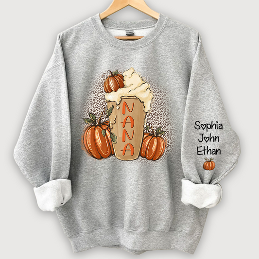 Personalized Nana Latte With Pumpkin Grandkids Fall Latte Coffie Sweatshirt