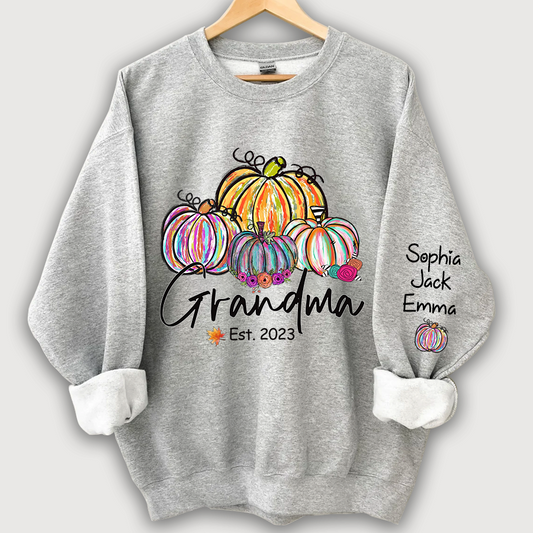 Personalized Grandma Est Painted Color Pumpkin And Grandkids Autumn Sweatshirt