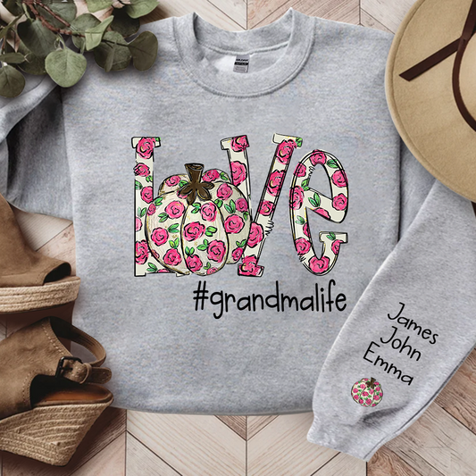 Personalized Love Pumpkin Flower Grandmalife And Grandkids Names Sweatshirt