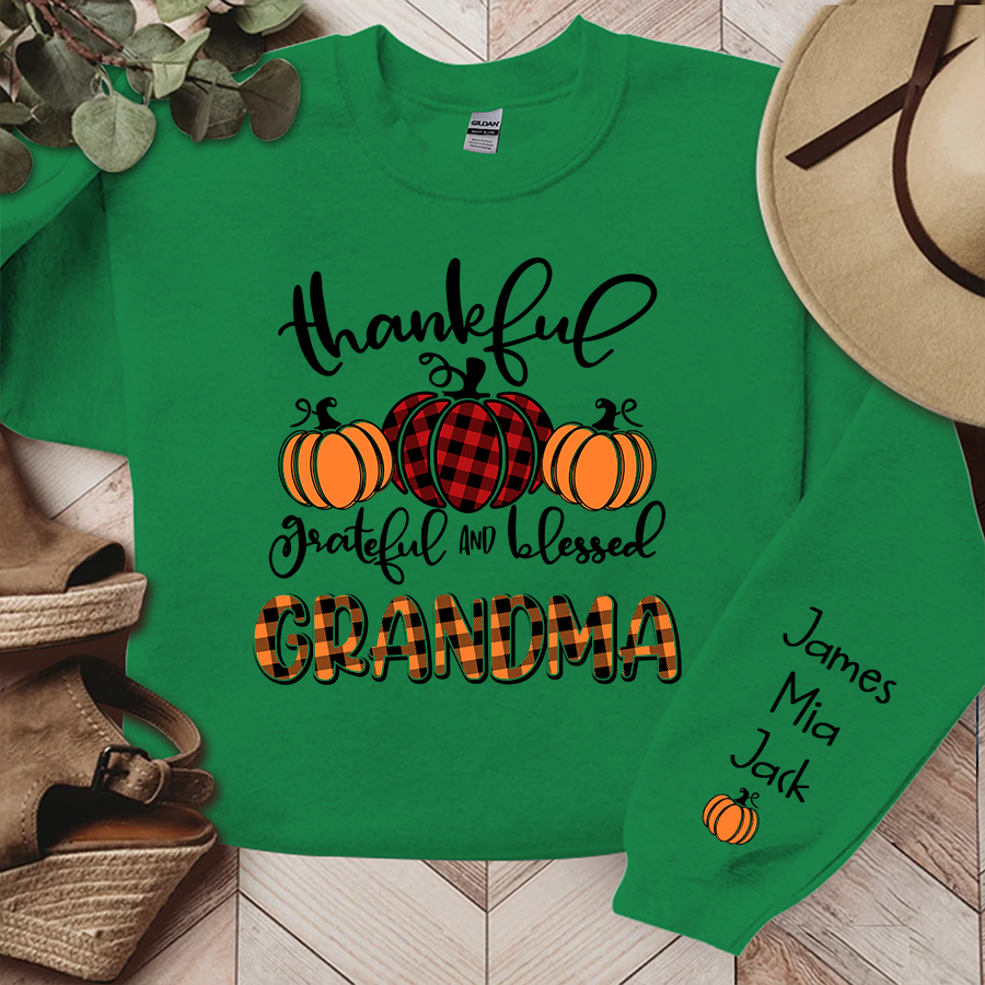 Personalized Thankful Grateful Blessed Grandma Fall Autumn Sweatshirt
