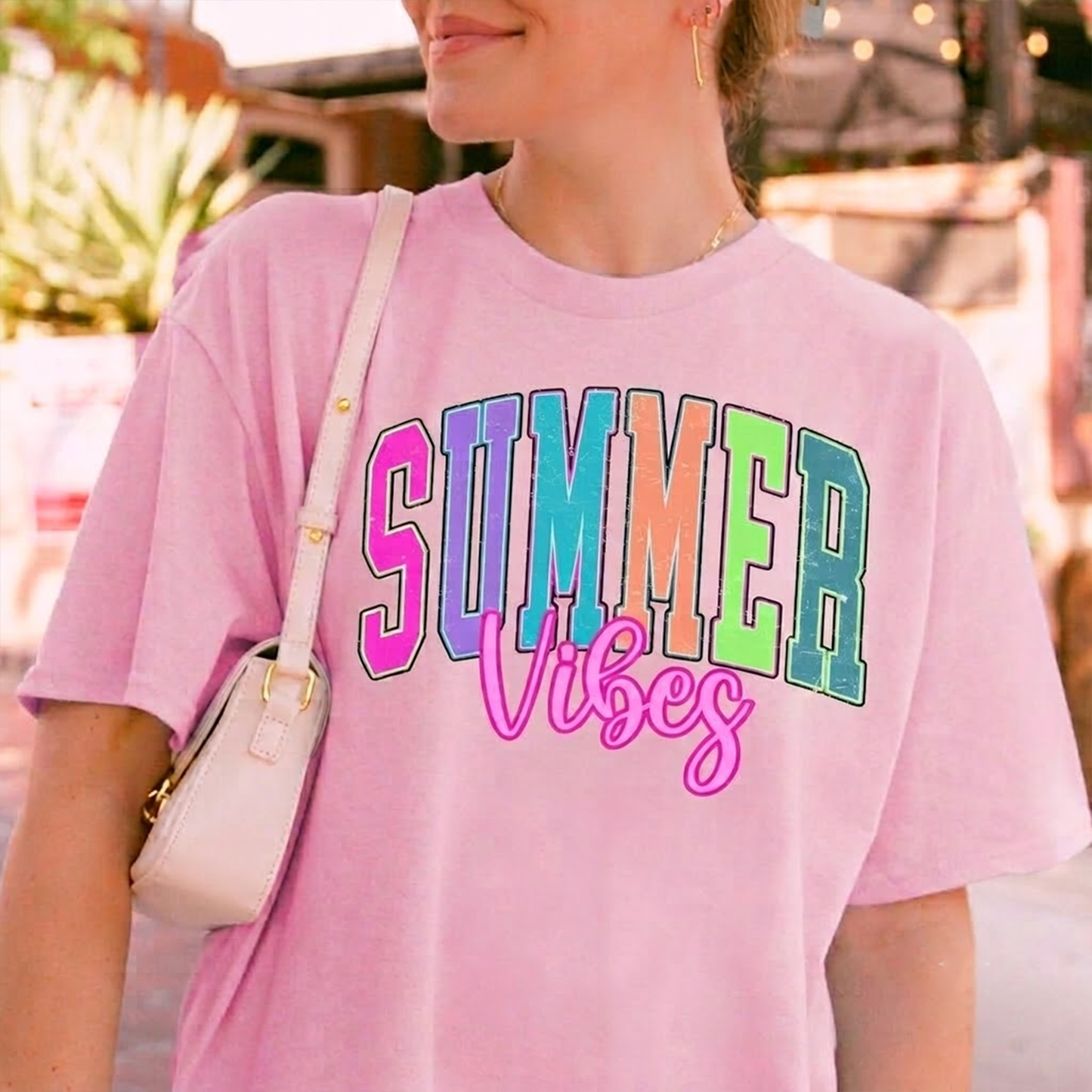 Summer Vibes Graphic Tee Women Hot Pink Beach Vacation Shirt
