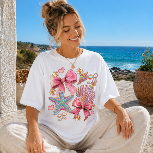 Cute Beach Graphic Tee Women Pink Bow Seashell Summer Shirt