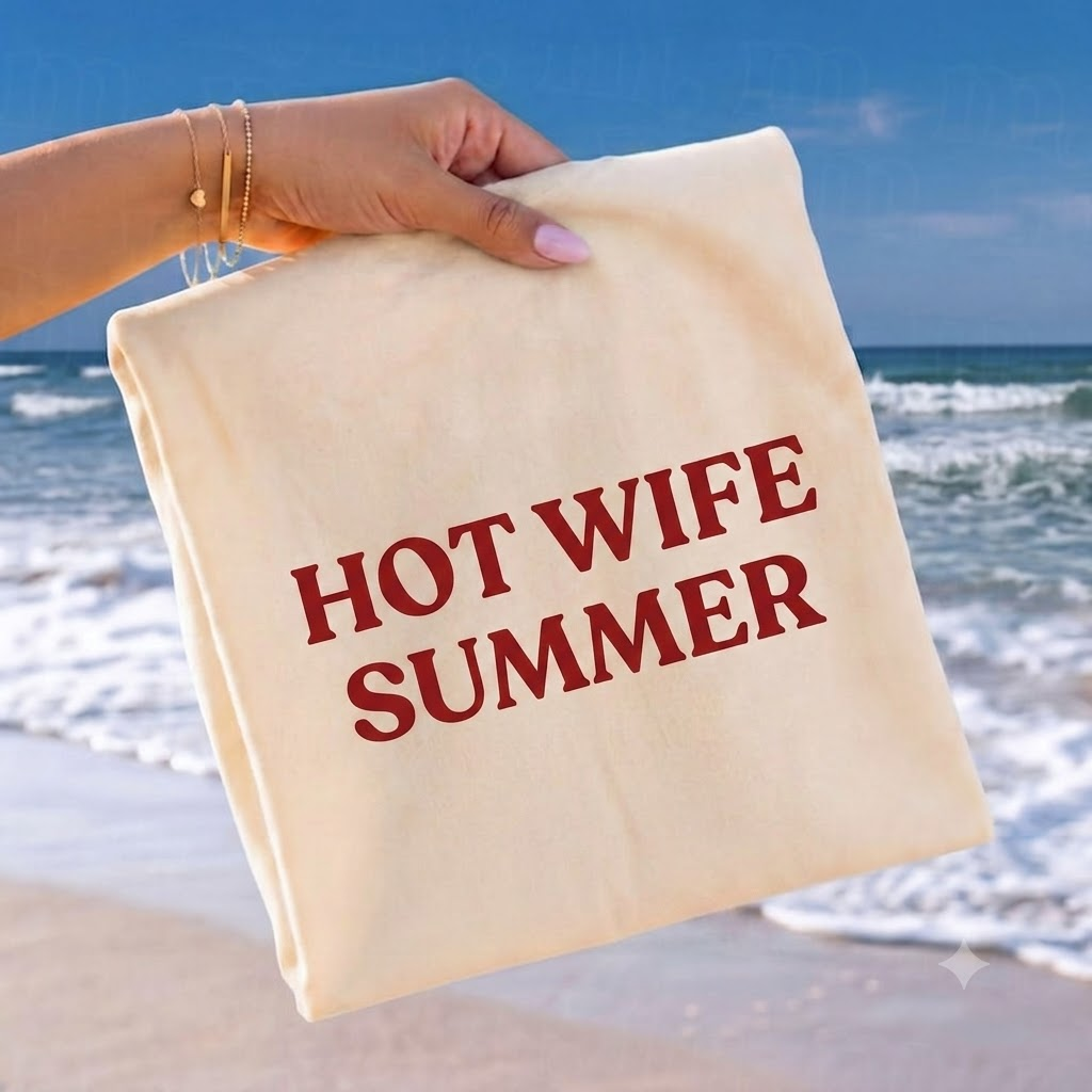 Hot Wife Summer Graphic T-Shirt - Personalized Retro Trendy Bold Text TShirt, Summer Beach Vacation