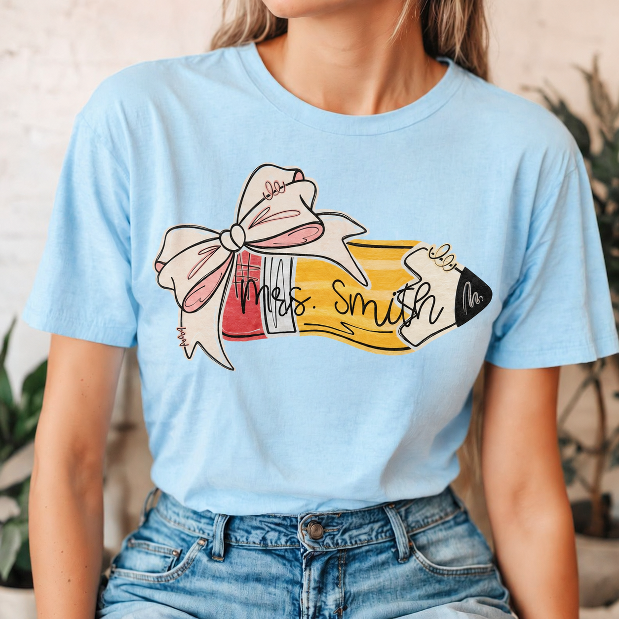 Personalized Teacher Name T-Shirt – Custom Pencil & Bow Tee