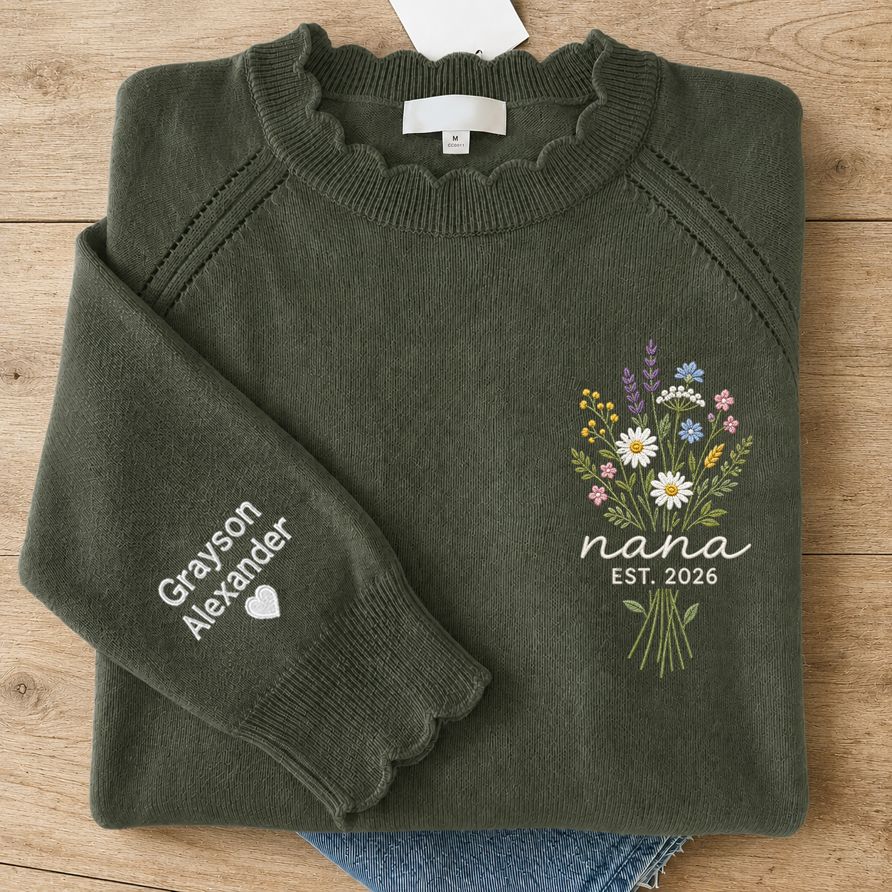 Custom Embroidered Knit Nana Sweater β Personalized Wildflower Bouquet EST. 2026 Crewneck with Sleeve Name