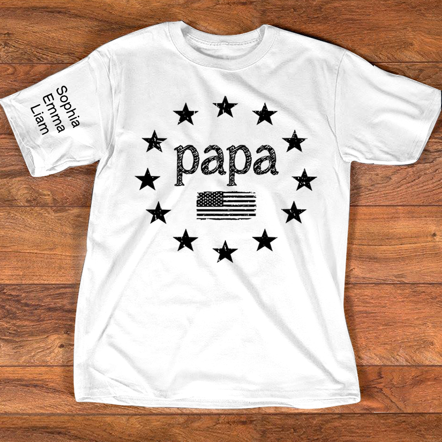 Personalized Papa American Flag Shirt with Kids Names on Sleeve, Custom Grandpa Patriotic Tee for Father’s Day, Gift for Papa Dad Grandfather