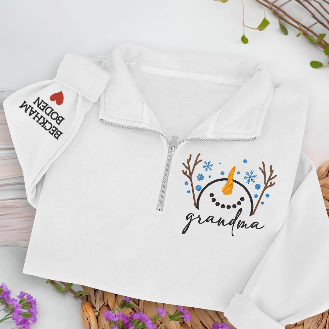 Custom Embroidered Grandma Snowman Sweatshirt And Grandkids Quarter Zip Sweater