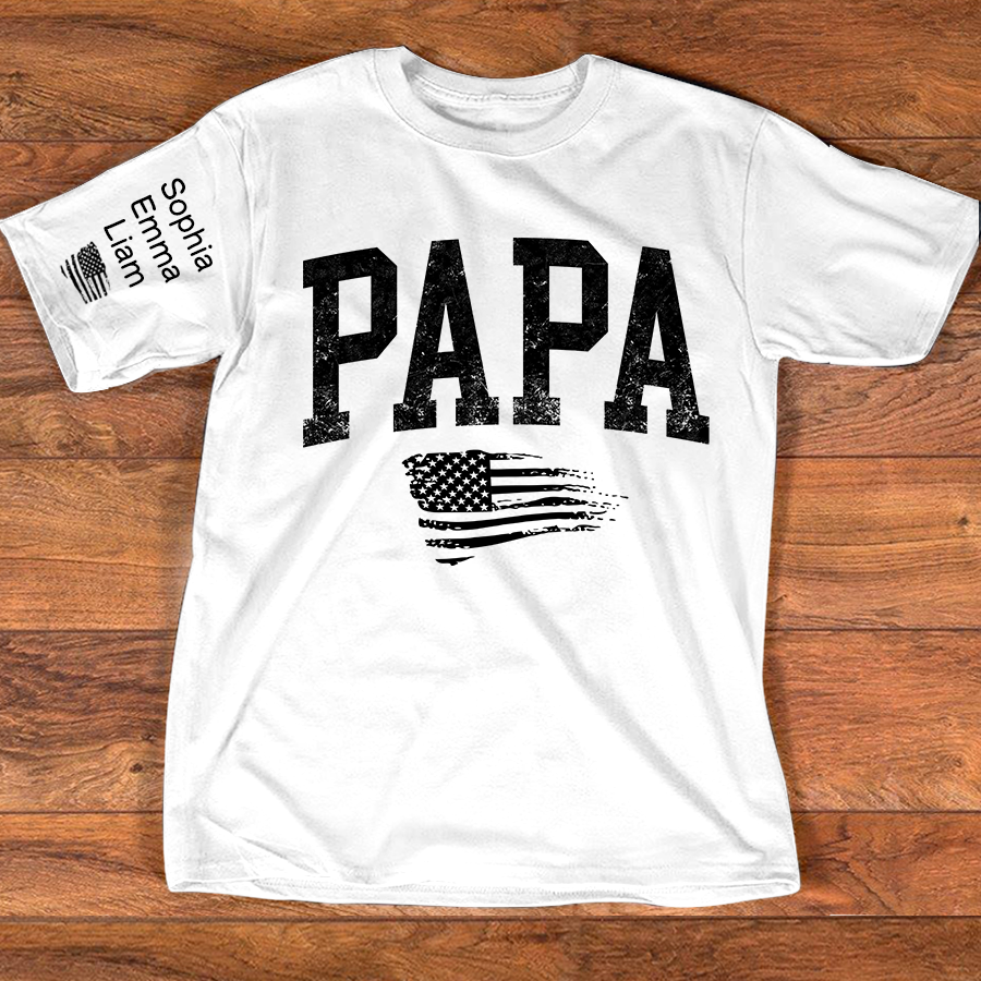 Personalized Papa Shirt with Grandkids Names, Patriotic Flag Custom Sleeve Tee, Fathers Day Birthday Gift for Grandpa