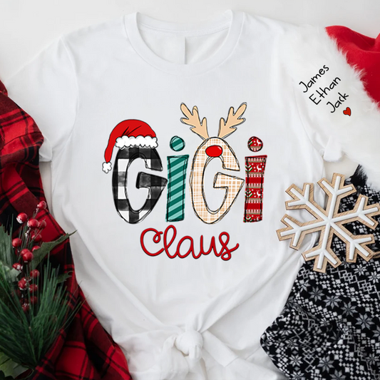Personalized Gigi Claus Shirt With Names On Sleeve, Custom Grandma Mimi Nana Gigi Claus Christmas T-Shirt