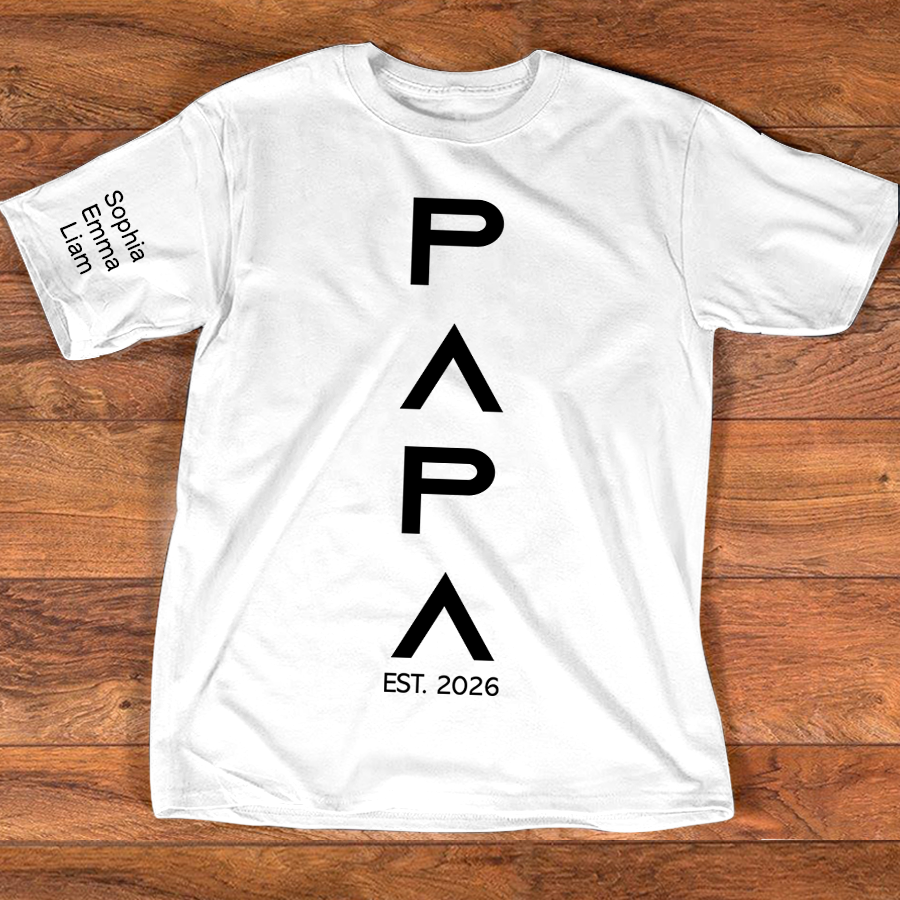 Personalized Papa Shirt with Kids Names on Sleeve, Minimalist Vertical Papa Design Tee, Custom Grandpa Family T Shirt, Gift for Father Day Birthday