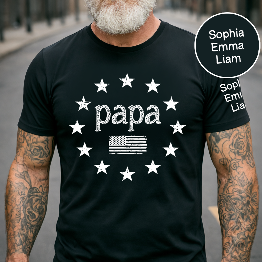 Personalized Papa American Flag Shirt with Kids Names on Sleeve, Custom Grandpa Patriotic Tee for Father’s Day, Gift for Papa Dad Grandfather