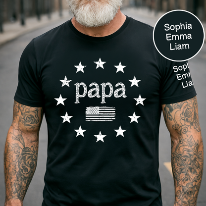 Personalized Papa American Flag Shirt with Kids Names on Sleeve, Custom Grandpa Patriotic Tee for Father’s Day, Gift for Papa Dad Grandfather