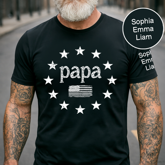 Personalized Papa American Flag Shirt with Kids Names on Sleeve, Custom Grandpa Patriotic Tee for Father’s Day, Gift for Papa Dad Grandfather