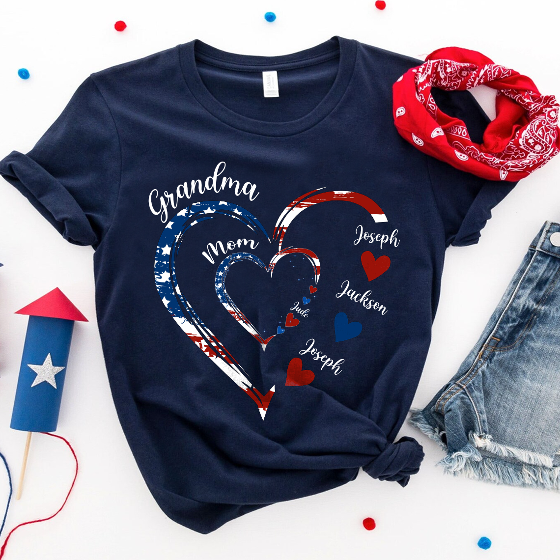 Personalized Grandma Mom American Flag Heart Shirt - Custom Kid Names