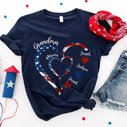 Personalized Grandma Mom American Flag Heart Shirt - Custom Kid Names
