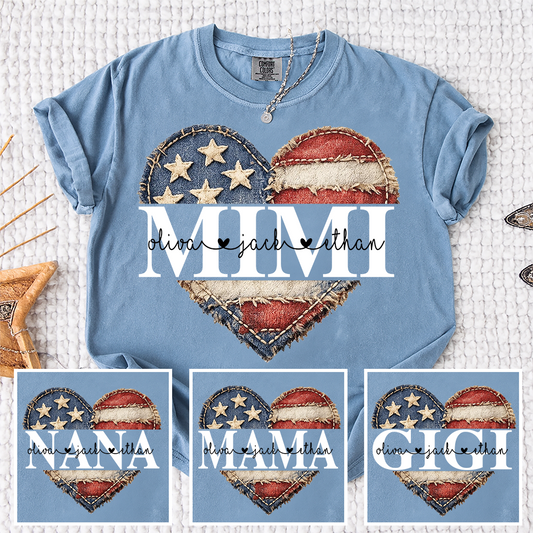 Comfort Colors® Mimi Patchwork American Flag Heart Shirt, Patriotic Vintage USA Design, Personalized 4th of July Grandma T-Shirt with Kids Names