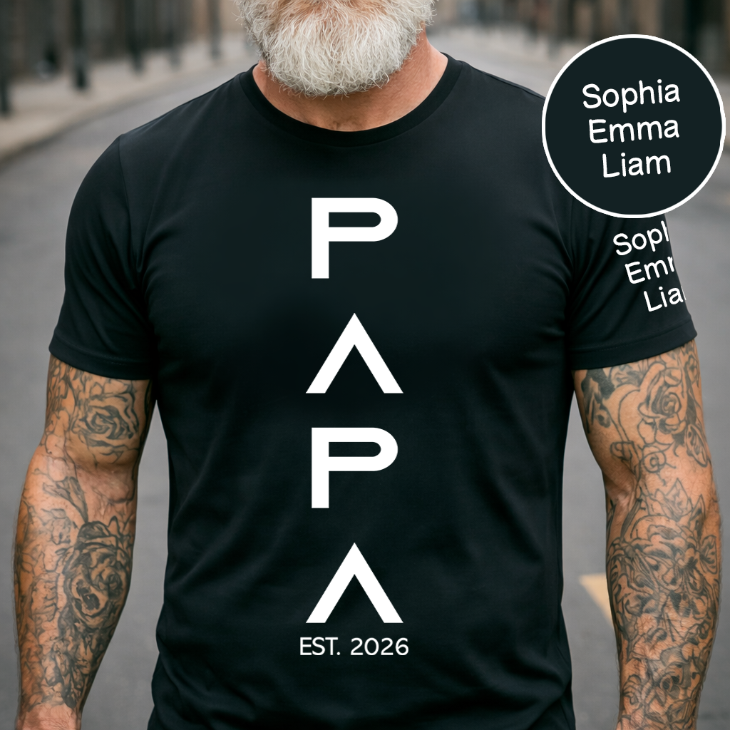 Personalized Papa Shirt with Kids Names on Sleeve, Minimalist Vertical Papa Design Tee, Custom Grandpa Family T Shirt, Gift for Father Day Birthday