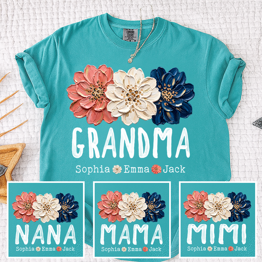 Comfort Colors® Patriotic Floral Grandma T-Shirt, Personalized Nana Mimi Mama Shirt with Kids Names, 4th of July Independence Day Gift