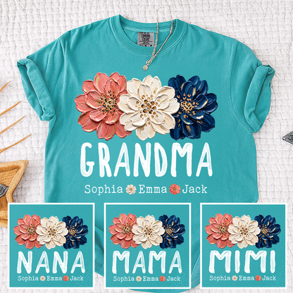 Comfort Colors® Patriotic Floral Grandma T-Shirt, Personalized Nana Mimi Mama Shirt with Kids Names, 4th of July Independence Day Gift