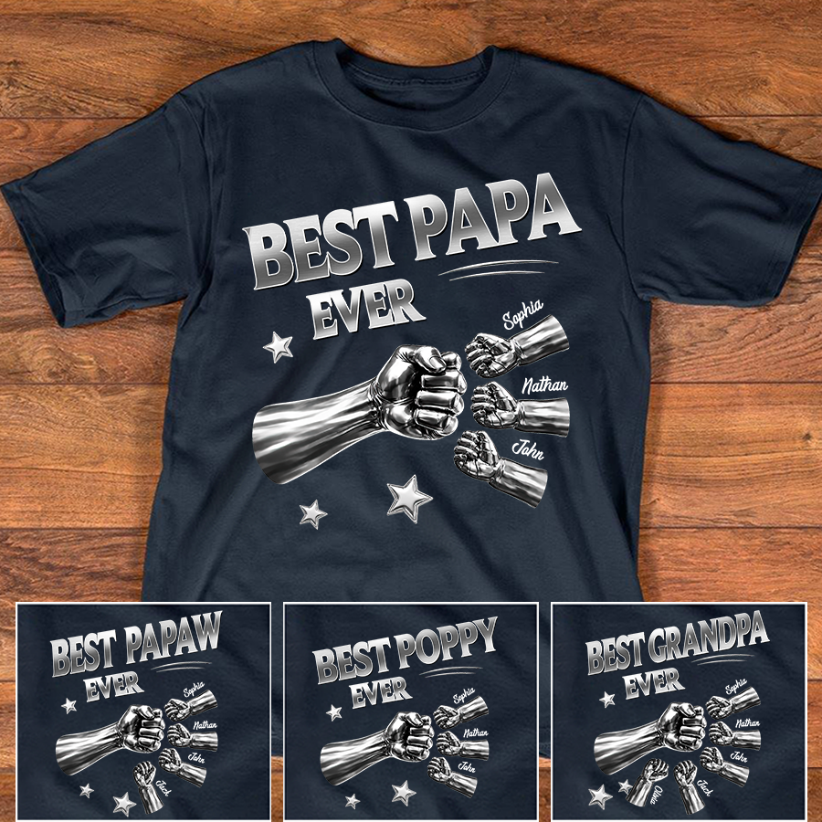 Best Papa Ever Shirt Personalized with Grandkids Names, Custom Family Fist Bump Design, Fathers Day Shirt for Papa Grandpa Dad