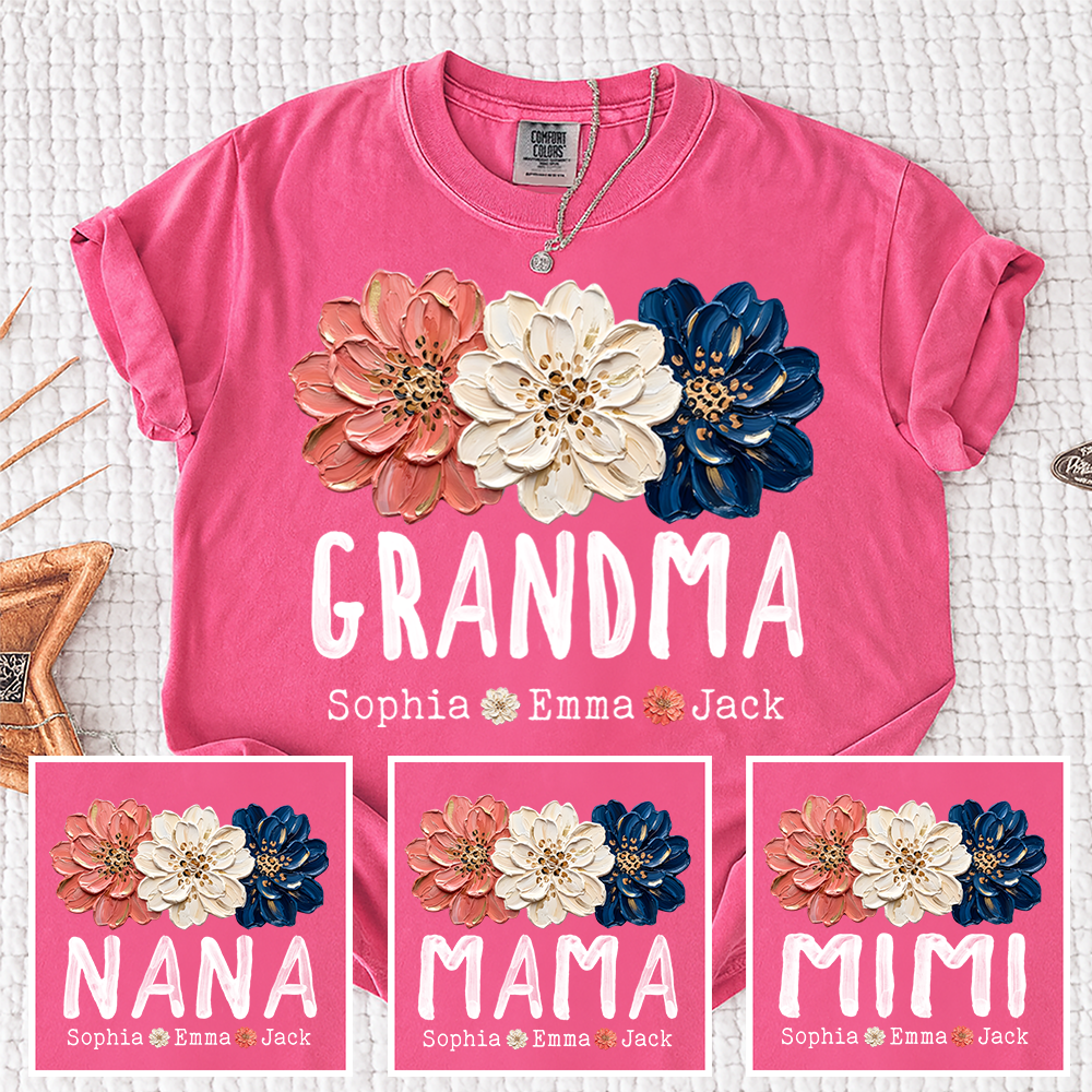 Comfort Colors® Patriotic Floral Grandma T-Shirt, Personalized Nana Mimi Mama Shirt with Kids Names, 4th of July Independence Day Gift