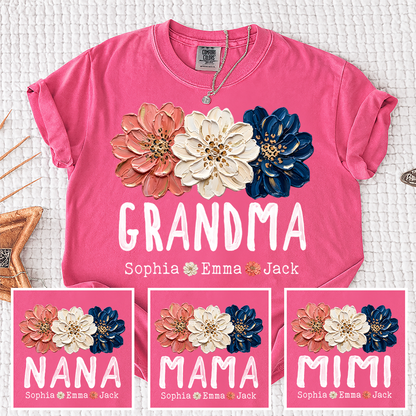 Comfort Colors® Patriotic Floral Grandma T-Shirt, Personalized Nana Mimi Mama Shirt with Kids Names, 4th of July Independence Day Gift