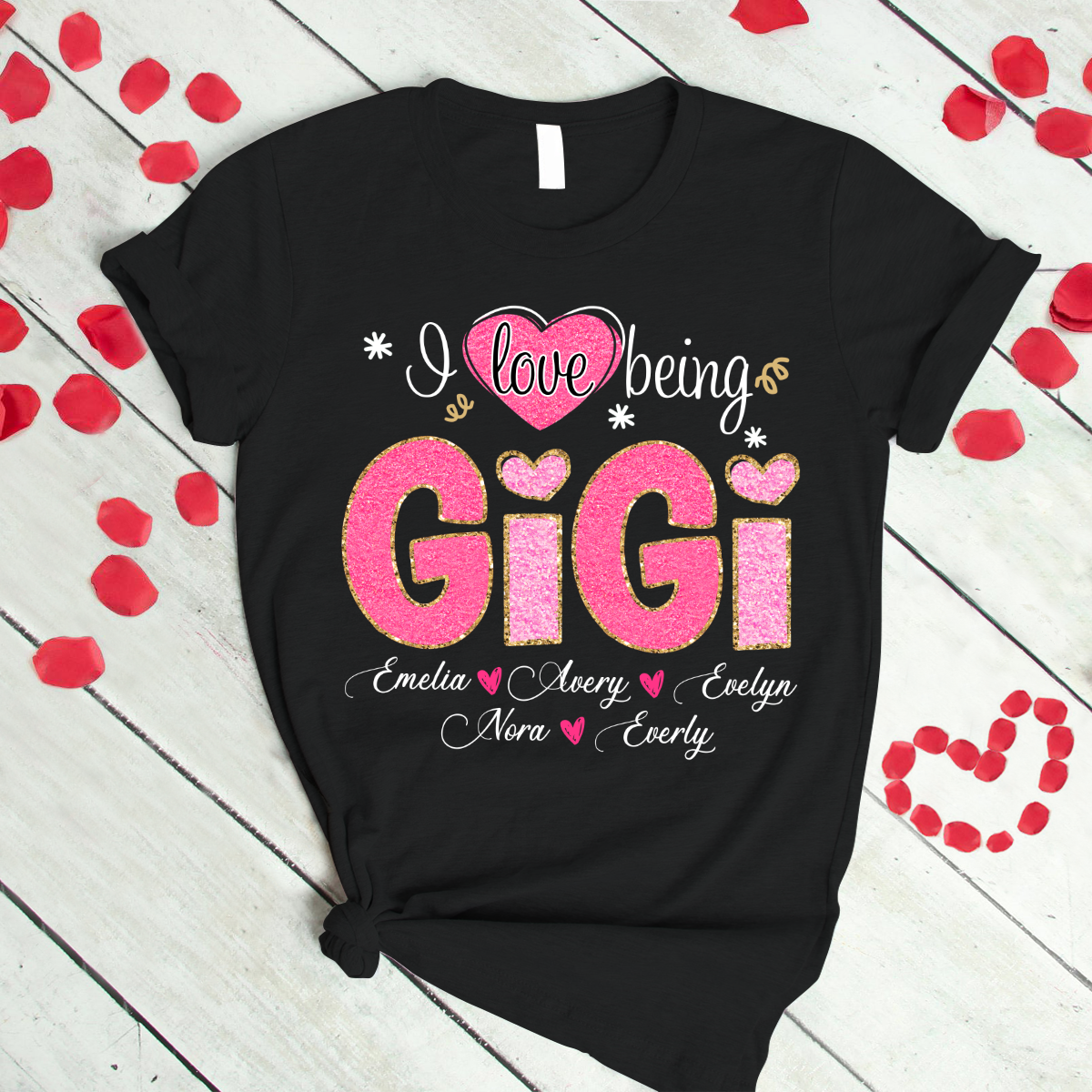 Custom Gigi Glitter Valentine 2024 Shirt, Personalized I Love Being Grandma With Grandkids T-Shirt
