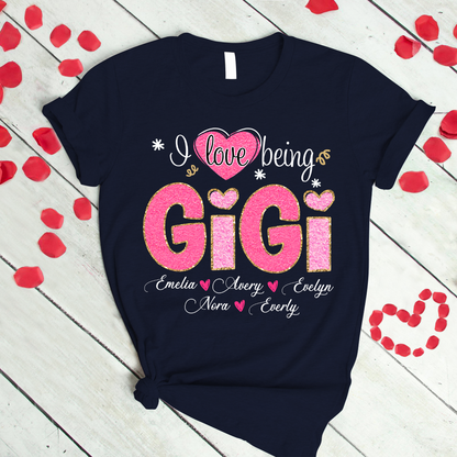 Custom Gigi Glitter Valentine 2024 Shirt, Personalized I Love Being Grandma With Grandkids T-Shirt