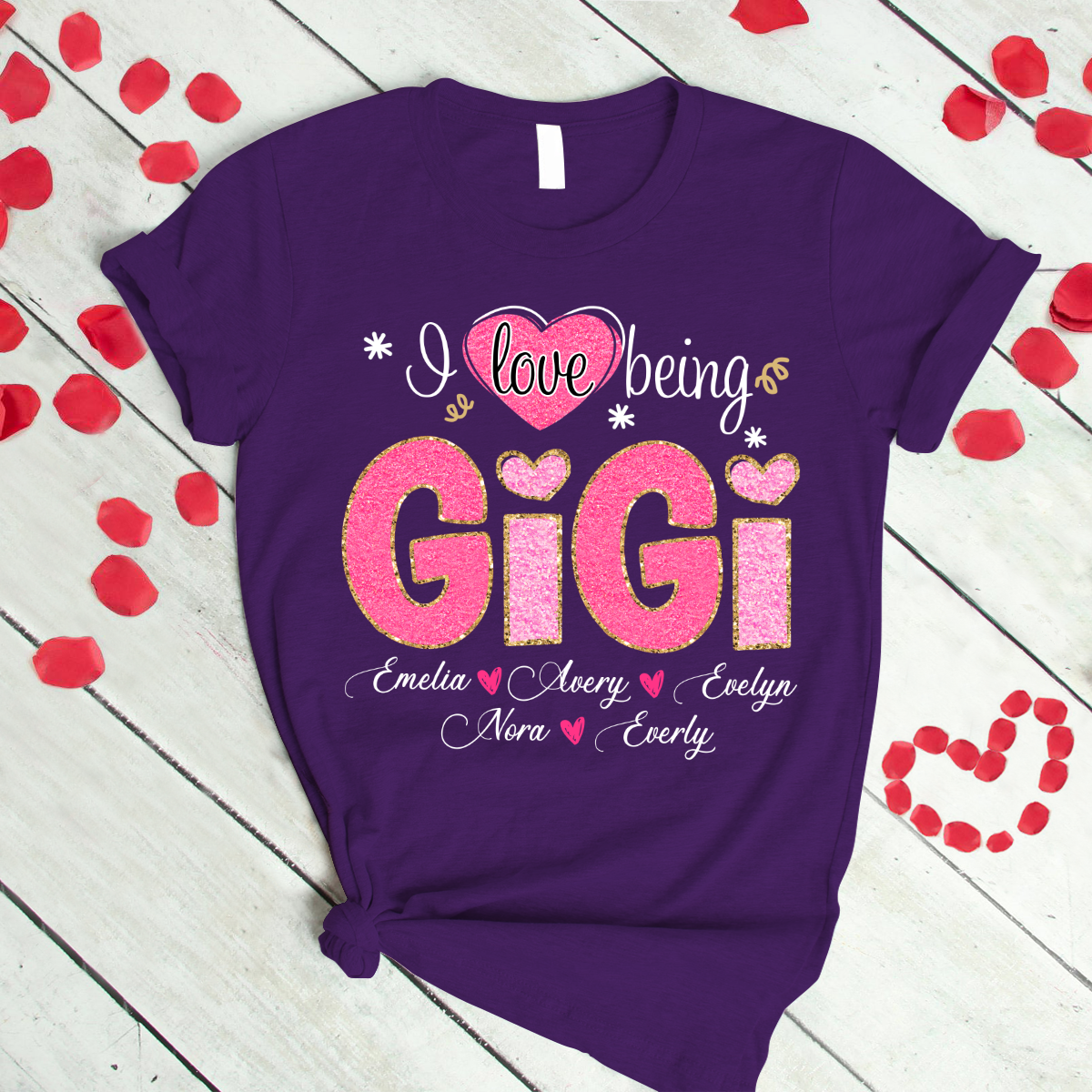 Custom Gigi Glitter Valentine 2024 Shirt, Personalized I Love Being Grandma With Grandkids T-Shirt