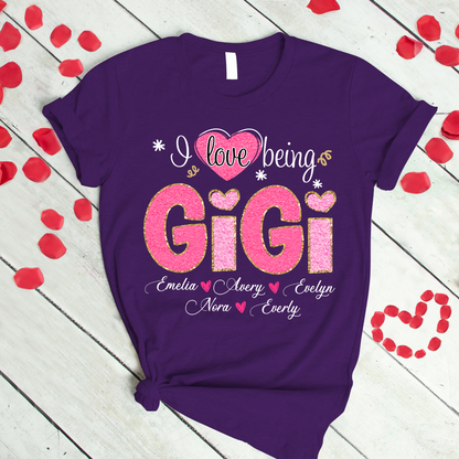 Custom Gigi Glitter Valentine 2024 Shirt, Personalized I Love Being Grandma With Grandkids T-Shirt