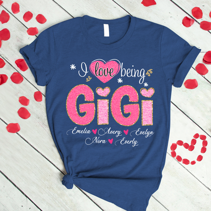 Custom Gigi Glitter Valentine 2024 Shirt, Personalized I Love Being Grandma With Grandkids T-Shirt