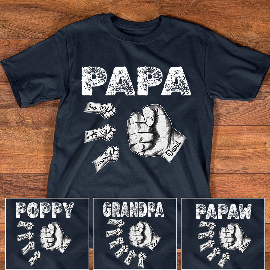 Personalized Papa Fist Bump Shirt with Kids Names, Custom Family Nickname T-Shirt for Dad Fathers Day Birthday 4th of July