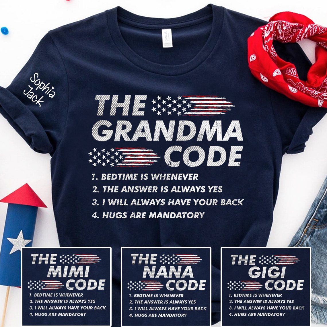 Personalized American Flag 'The Grandma Code' T-Shirt – Custom Mimi, Gigi, Nana Shirts, Fun Gift for Grandparents, Perfect for Mother’s Day and Birthdays