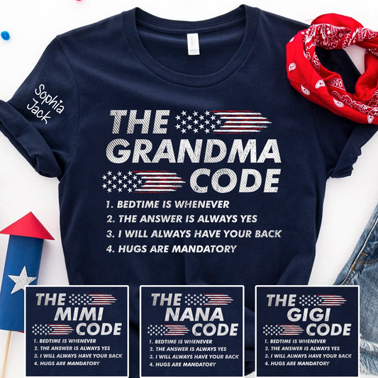 Personalized American Flag 'The Grandma Code' T-Shirt – Custom Mimi, Gigi, Nana Shirts, Fun Gift for Grandparents, Perfect for Mother’s Day and Birthdays