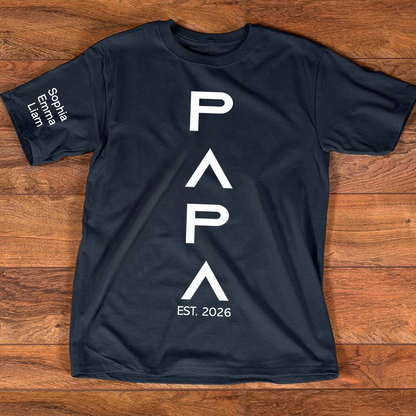 Personalized Papa Shirt with Kids Names on Sleeve, Minimalist Vertical Papa Design Tee, Custom Grandpa Family T Shirt, Gift for Father Day Birthday
