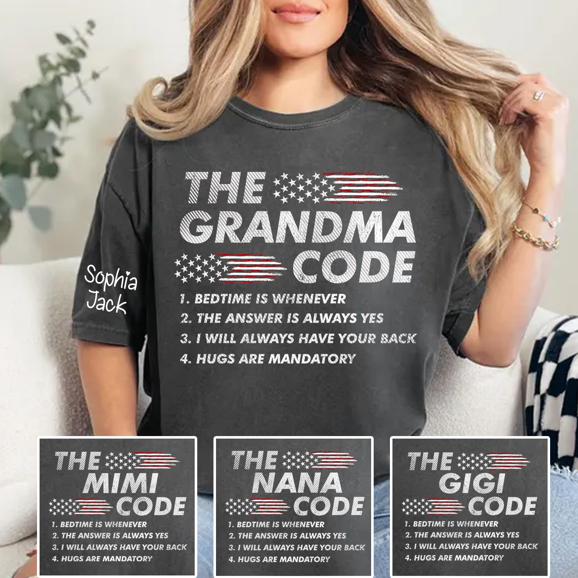 Personalized American Flag 'The Grandma Code' T-Shirt – Custom Mimi, Gigi, Nana Shirts, Fun Gift for Grandparents, Perfect for Mother’s Day and Birthdays
