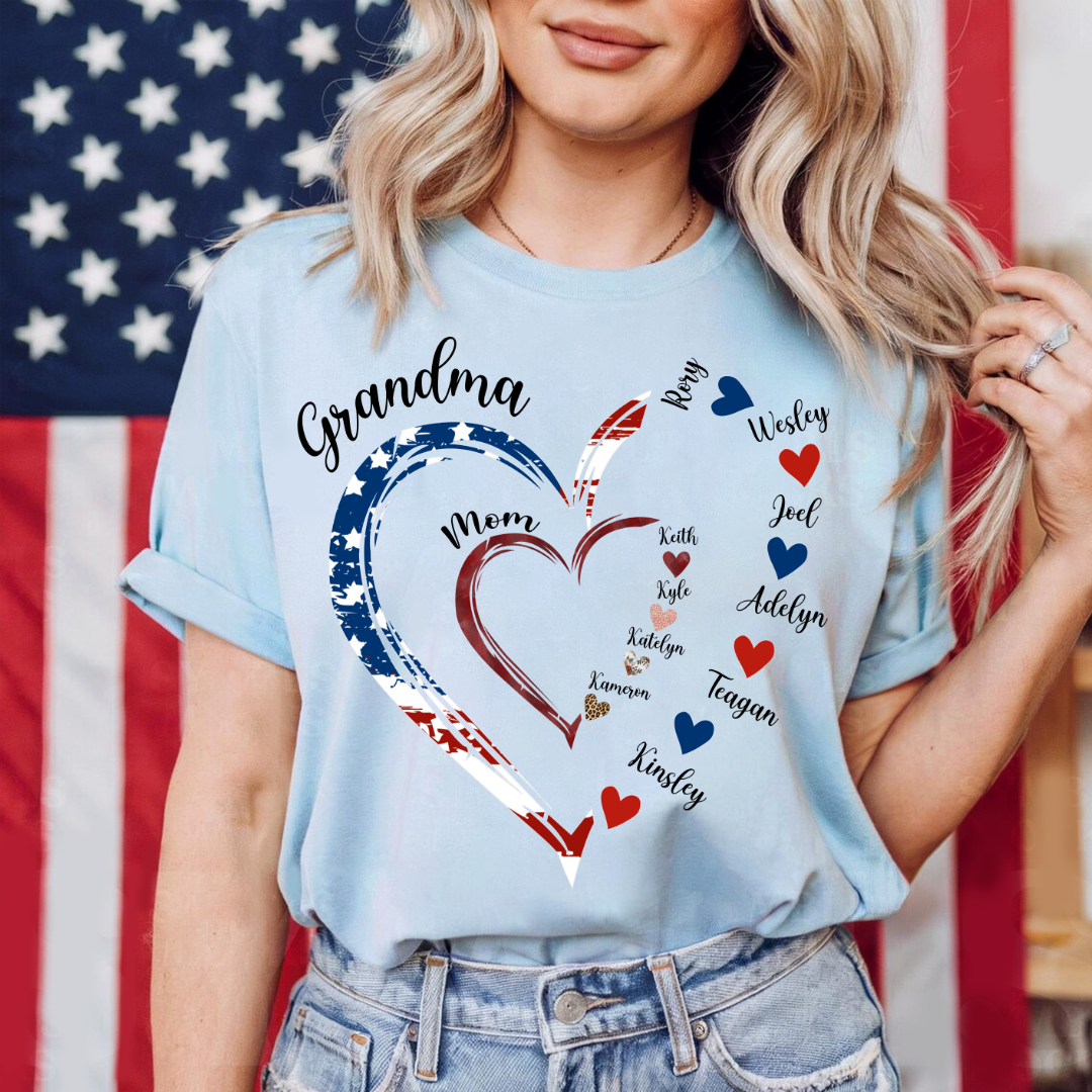 America Flag Heart Mom Grandma And Kids Custom Name CTH01